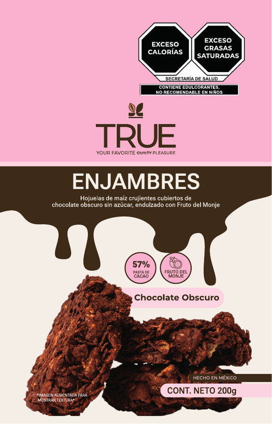 Empaque True Enjambres de chocolate obscuro sin azúcar, 200 g, vista frontal