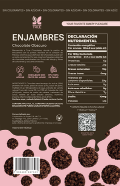 Información nutrimental e ingredientes de True Enjambres chocolate obscuro, 200 g