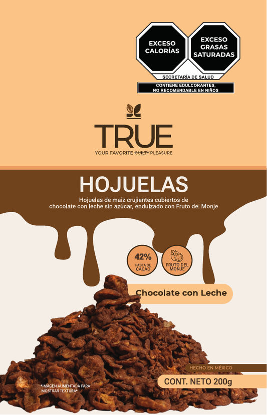 Empaque True Hojuelas de chocolate con leche sin azúcar, 200 g, vista frontal