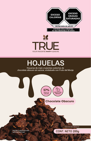 Empaque True Hojuelas de chocolate obscuro sin azúcar, 200 g, vista frontal