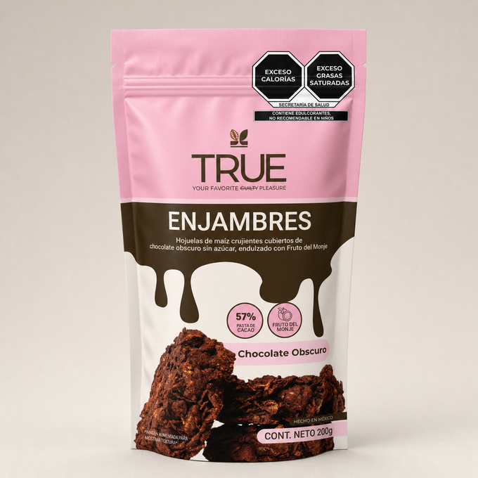 Empaque texturizado True Enjambres de chocolate obscuro sin azúcar, vista frontal