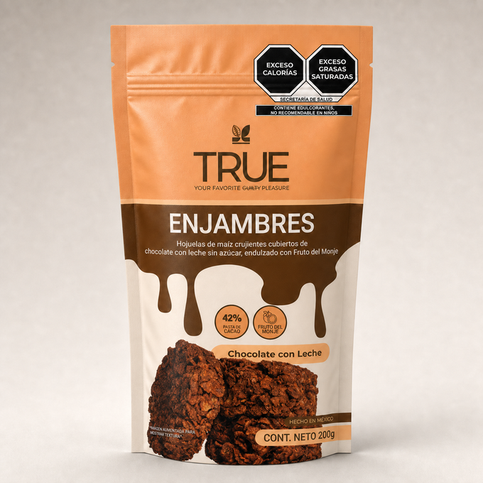 Empaque texturizado True Enjambres de chocolate con leche sin azúcar, vista frontal