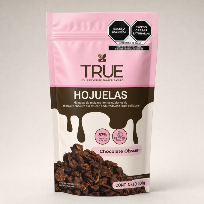 Empaque texturizado True Hojuelas de chocolate obscuro sin azúcar, vista frontal