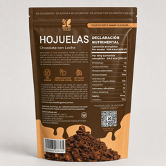 Empaque texturizado True Hojuelas de chocolate con leche sin azúcar, vista posterior