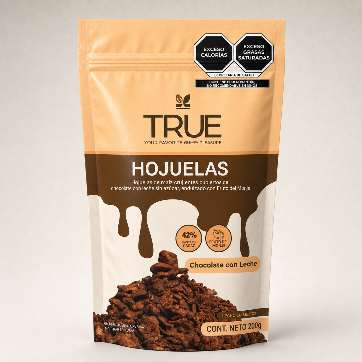 Vista frontal texturizada de Hojuelas — Chocolate con Leche (200 g)